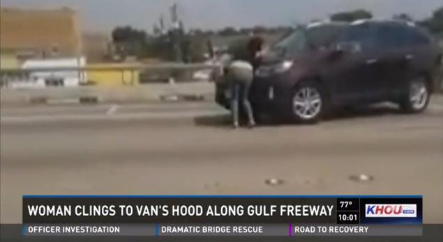 A video obtained by KHOU-TV apparently shows Anthony Escobedo 33 driving down Houston's Gulf Freeway with his pregnant girlfriend clinging to the hood of the car