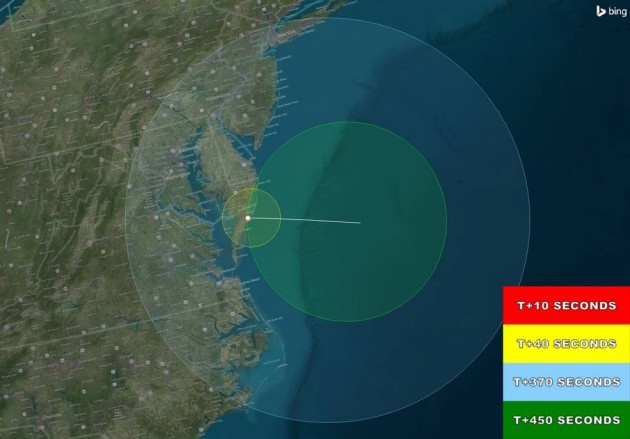 Map shows area likely to see a cloud created by a sub-orbital launch on Wednesday evening