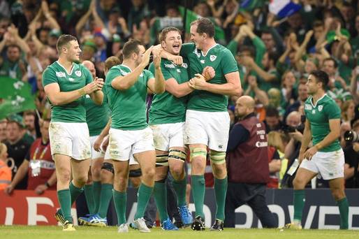 Ireland's lock Iain Henderson celebrates with team-mates after winning the Pool D match of the 2015 Rugby World Cup between France and Ireland at the Millennium Stadium in Cardiff