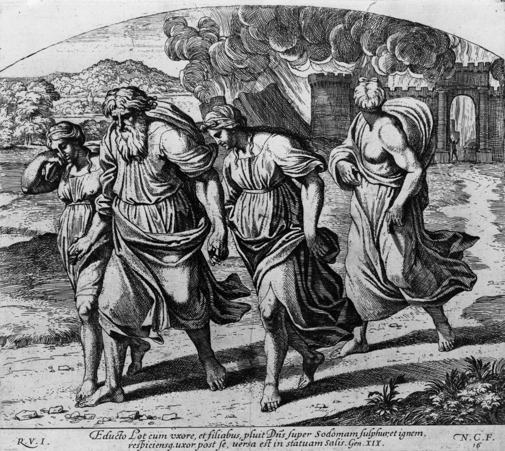 Medieval woodcut showing Lot and his family escaping the biblical destruction of Sodom and Gemmorah