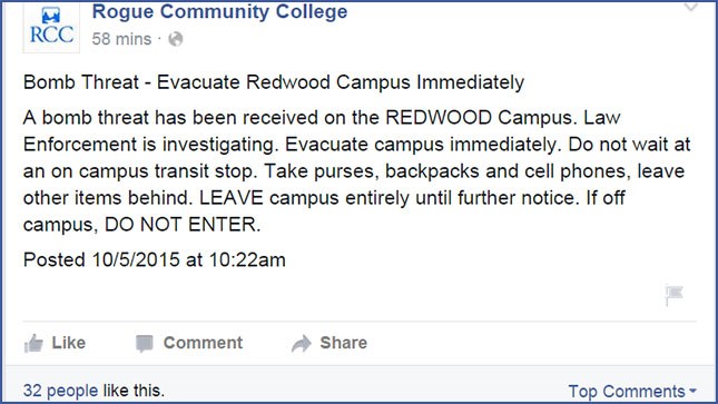 Message posted on Rogue Community College Facebook page