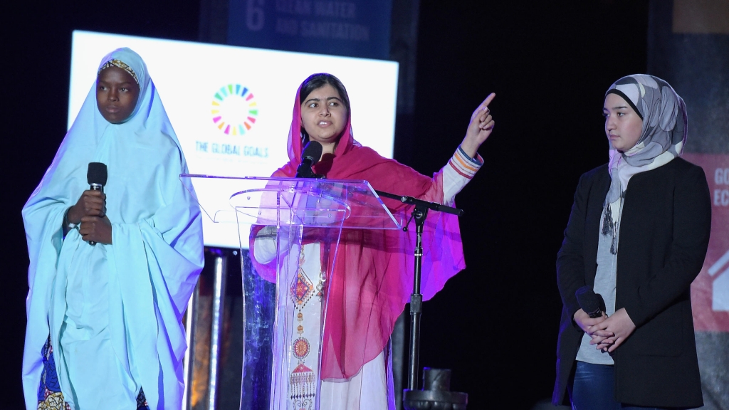 Activist Malala Yousafzai speaks on stage at the 2015 Global Citizen Festival to end extreme poverty by 2030 in Central Park on Saturday in New York City