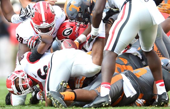 Michel fumbles the ball on a kickoff return during the first half of an NCAA college football game in Knoxville Tenn. on Saturday Oct. 10 2015. The ball was recovered by Tennessee who went ahead to score another touc