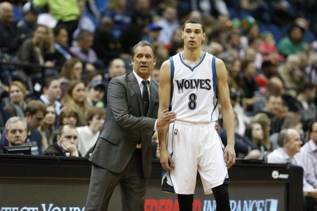 Head coach Flip Saunders talks with Zach La Vine while guiding the Timberwolves back in March