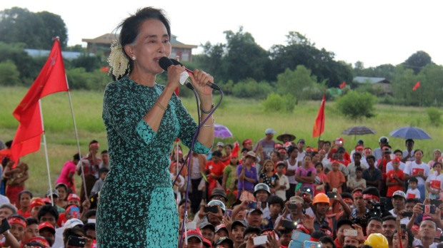 Myanmar opposition leader Aung San Suu Kyi delivers a speech during an election campaign event for her National League for Democracy party