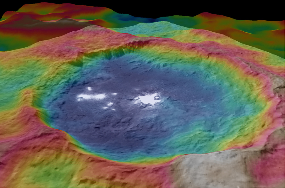 This view made using images taken by NASA's Dawn spacecraft is a color-coded topographic map of Occator crater on Ceres