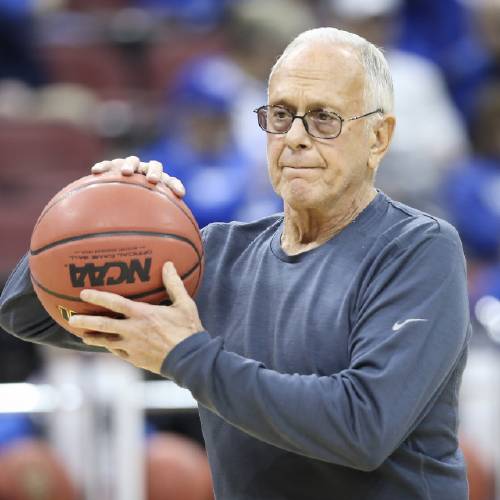 SMU coach Larry Brown watches his team during practice at the NCAA college basketball tournament in Louisville Ky. The NCAA banned the SMU men’s basketball team from postseason play Tuesday Sept. 29 2015