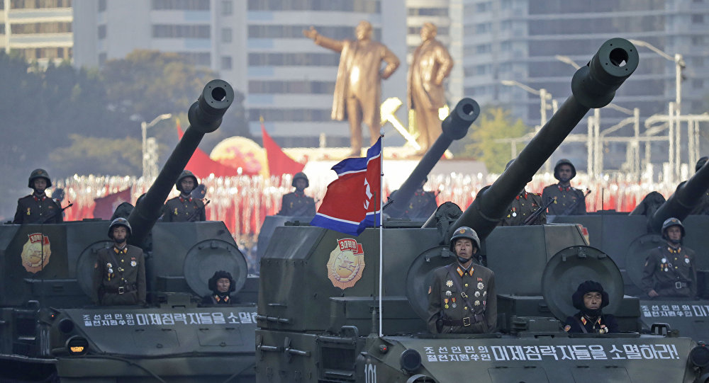 Soldiers in tanks parade in Pyongyang North Korea Saturday Oct. 10 2015