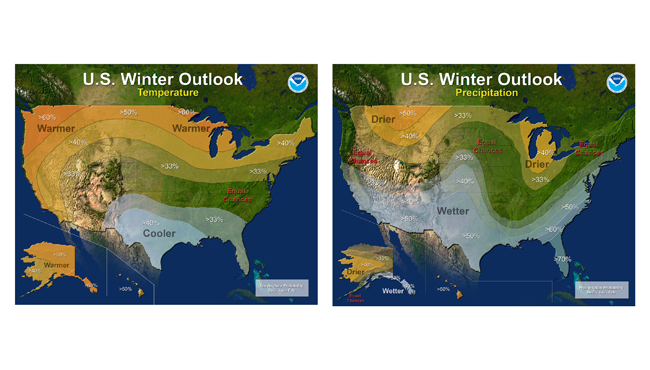 This combo of images provided by NOAA, shows the three-month temperature left and precipitation forecasts for the U.S. Forecasters say this winter El Nino is about to leave a big wet but not necessarily snow