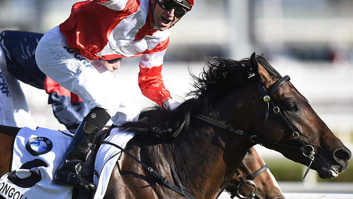 NZ-trained Mongolian Khan has beaten English visitor Trip to Paris in the Caulfield Cup