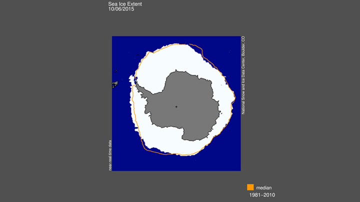 This image shows the 2015 Antarctic sea ice extent compared to the median period of 1981-2010