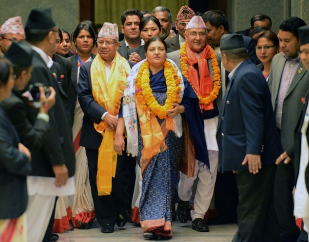 Nepalese newly elected president Bidhya Bhandari leaves parliament after her election win was announced in Kathmandu