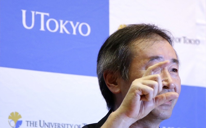 Takaaki Kajita of Japan director of the Institute for Cosmic Ray Research and professor at the University of Tokyo speaks during a press conference after learning he won the Nobel Prize in physics at the university in Tokyo Tuesday Oct. 6 2015. Kajit