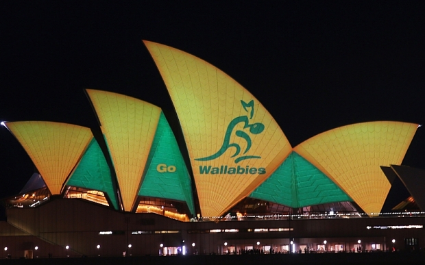 SYDNEY AUSTRALIA- OCTOBER 30 The Sydney Opera House is illuminated in Green & Gold ahead of the Rugby World Cup final