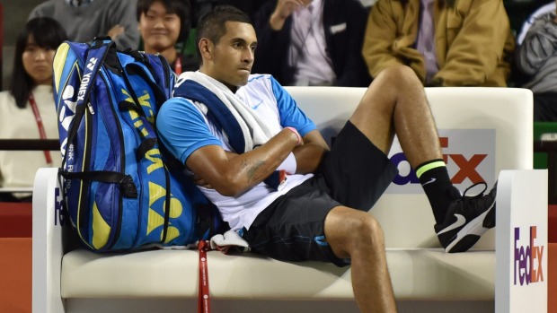 Nick Kyrgios takes a breather during his match in Japan last week