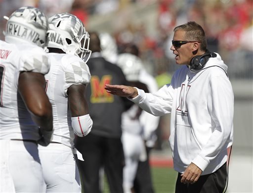 Maryland head coach Randy Edsall instructs his team against Ohio State during the second quarter of an NCAA college football game Saturday Oct. 10 2015 in Columbus Ohio. Ohio State beat Maryland 49-28