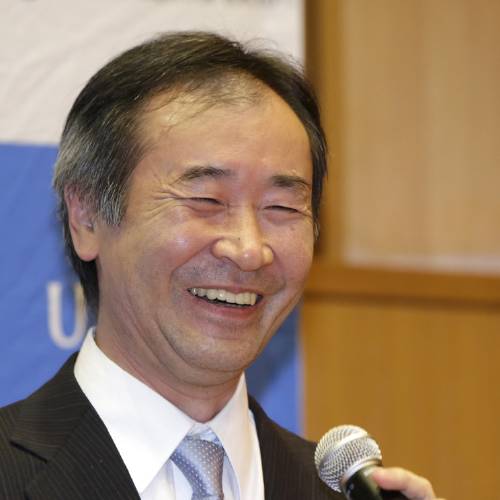 Japan director of the Institute for Cosmic Ray Research and professor at the University of Tokyo speaks after learning he won the Nobel Prize in physics at the university in Tokyo Tuesday Oct. 6 2015. Kajita and Arthur McDon