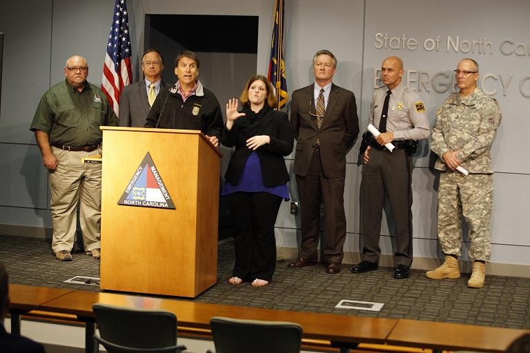 Crory spoke at the North Carolina Emergency Operations Center about preparation for Hurricane Joaquin