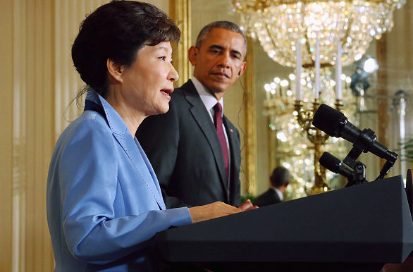 South Korean President Park Geun-hye and U.S. President Barack Obama hold a joint press conference in the East Room of the White House