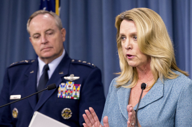 Air Force Secretary Deborah Lee James accompanied by and Air Force Chief of Staff Gen. Mark Welsh III announces that Northrop Grumman is awarded the US Air