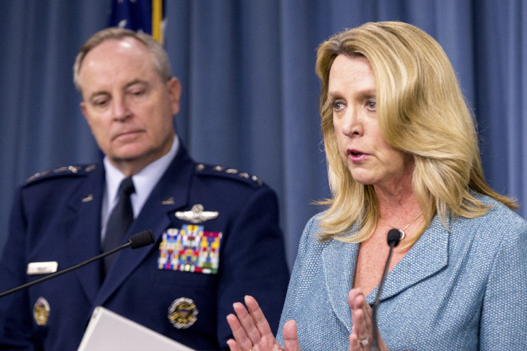 Air Force Secretary Deborah Lee James accompanied by and Air Force Chief of Staff Gen. Mark Welsh III announces that Northrop Grumman is awarded the US Air Force’s next-generation long range strike bomber contract at a news conference at the Pentagon