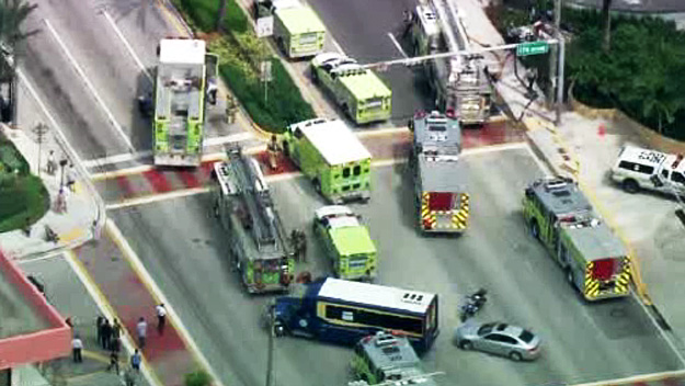 Numerous Fire trucks and rescue trucks could be seen at a Sunny Isles Beach building