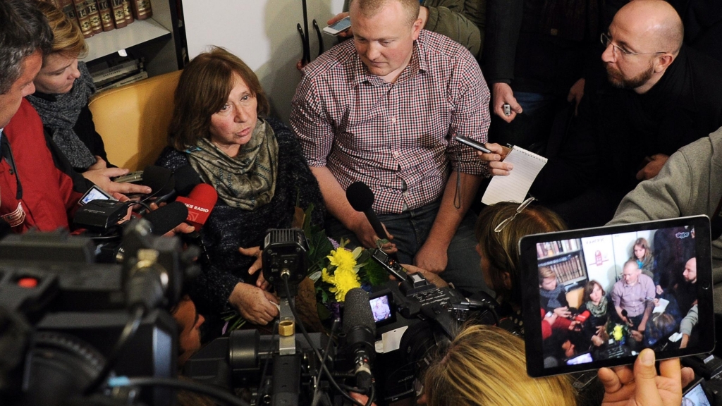 Writer Svetlana Alexievich answers questions during a press conference in Minsk Belarus on Oct. 8 following the announcement of her Nobel Prize. Alexievich writes about hard truths making Russian authorities uncomfortable. She says she wants her count