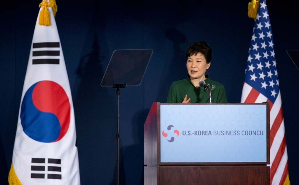 South Korean President Park Geun-hye speaks to the U.S. Chamber of Commerce and the U.S.-Korea Business Council annual meeting in Washington