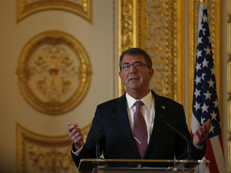 U.S. Secretary of Defense Ashton Carter speaks during a press conference held with Britain's Secretary of State for Defence Michael Fallon at Lancaster House in London Friday Oct. 9 2015