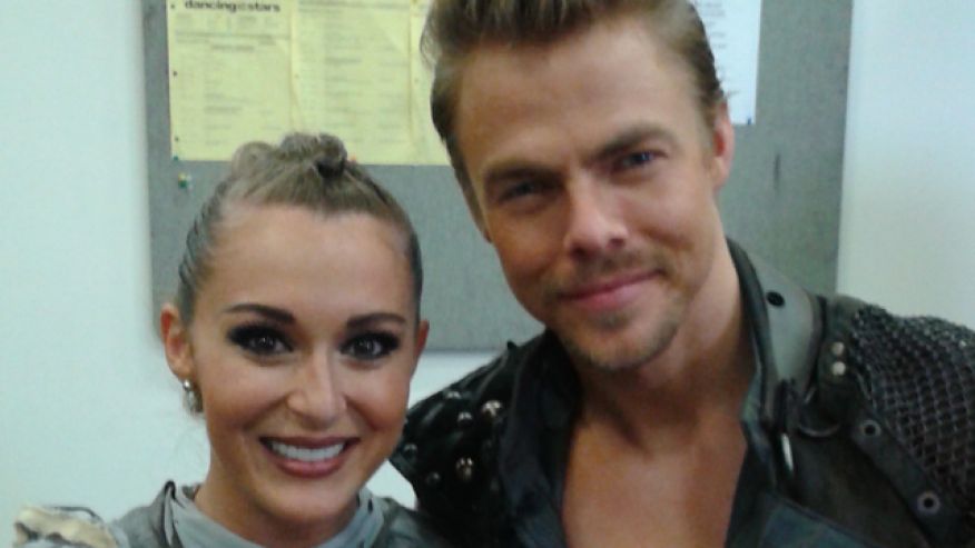 Oct. 12 2015 Alexa Pena Vega and Derek Hough pose backstage after earning a perfect score on'Dancing With The Stars