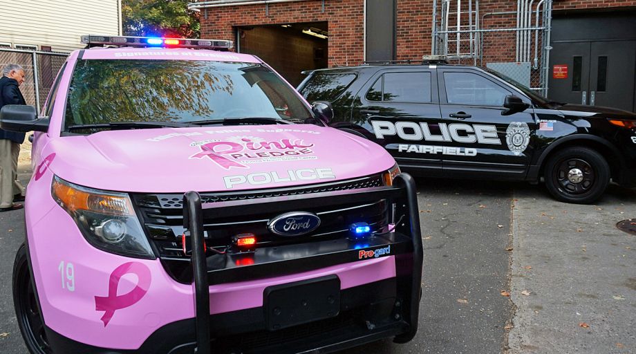 One of the Police Department's vehicles has been adorned in pink as part of the town's Pink Pledge initiative marking Breast Cancer Awareness month and the Norma Pfriem Breast Center's 15th anniversary