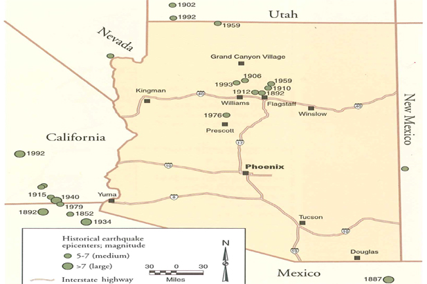 Approximate location of the epicenters of Arizona largest earthquakes