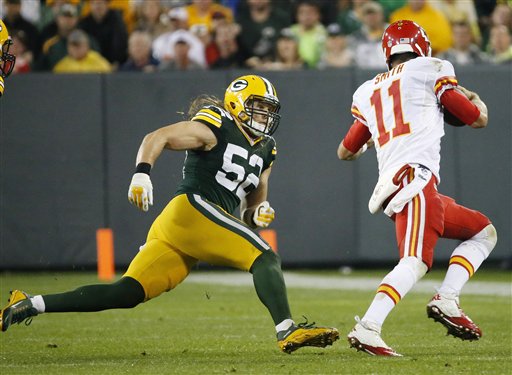 Green Bay Packers&#039 Clay Matthews tries to catch Kansas City Chiefs&#039 Alex Smith during the second half of an NFL football game Monday Sept. 28 2015 in Green Bay Wis