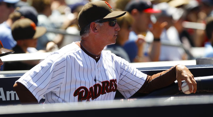 Padres manager Bud Black in the dugout against the Houston Astros at Petco Park