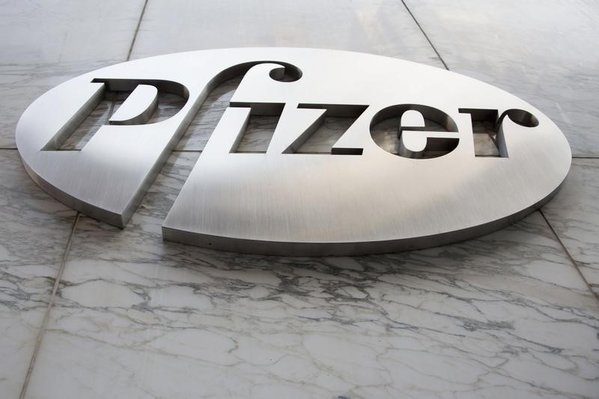 The Pfizer logo is seen at their world headquarters in New York