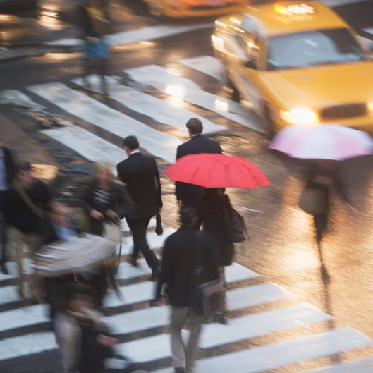 USA New York state New York city pedestrians with umbrellas on zebra crossing