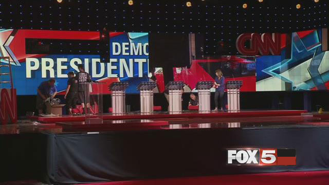 Podiums are set up on the stage at the Wynn Las Vegas which will host the first Democratic primary presidential debate for the 2016 election on Oct. 13 2015