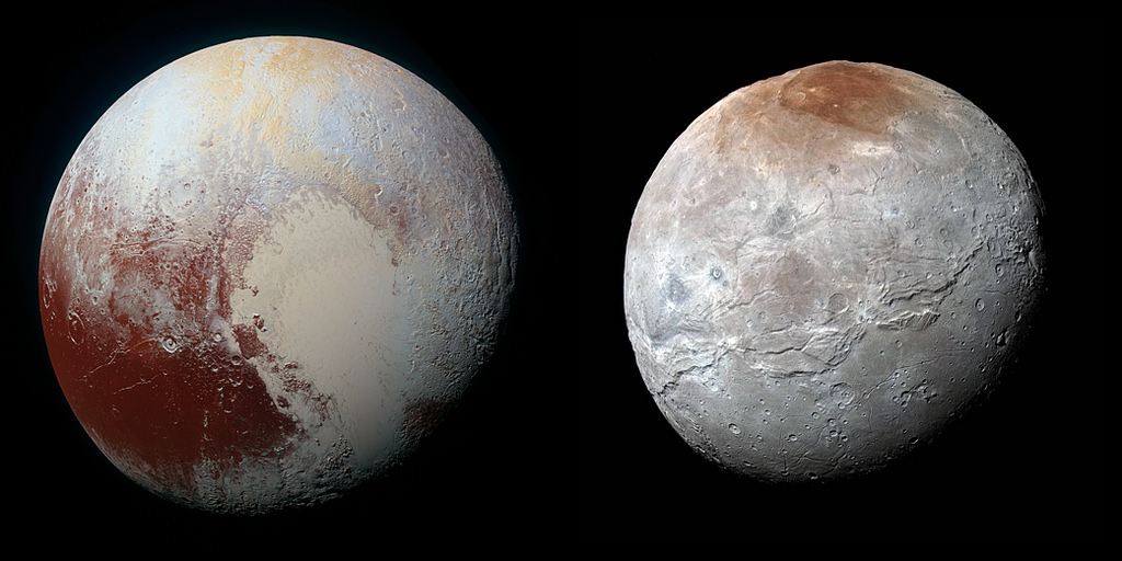 Pluto and Charon, showing off their colour and brightness variations. Credit NASA  JHUAPL  SwRI