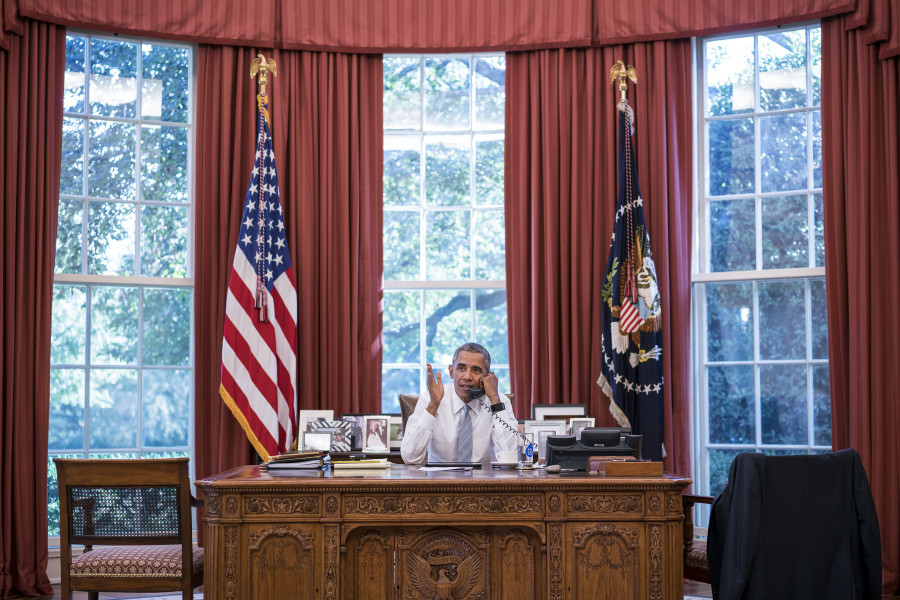 President Barack Obama talks on the phone with Cuba President Raúl Castro in the Oval Office Sept. 18 2015