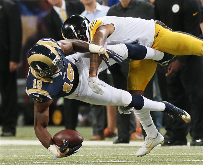 St. Louis Rams wide receiver Kenny Britt is tackled by Pittsburgh Steelers cornerback Antwon Blake during the fourth quarter of an NFL football game on Sunday Sept. 27 2015 at the Edward Jones Dome in St. Louis. (Chris Lee  St. Louis Post Dispatch via A