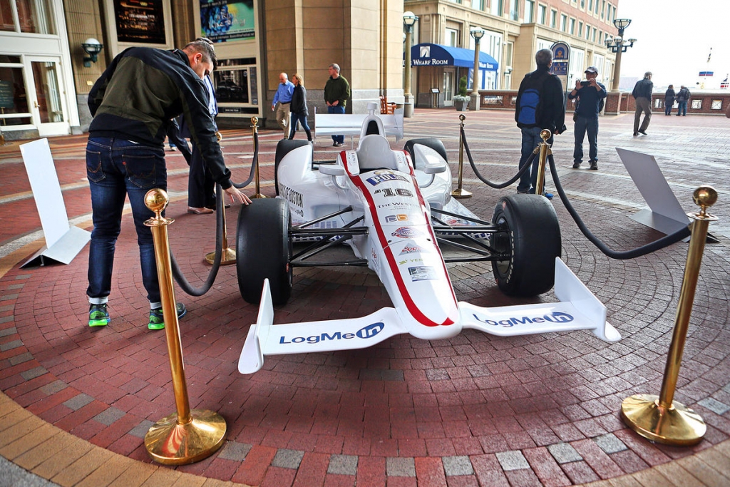 READY TO DROP THE FLAG A Boston Grand Prix Indy car on display at the Boston Harbor Hotel