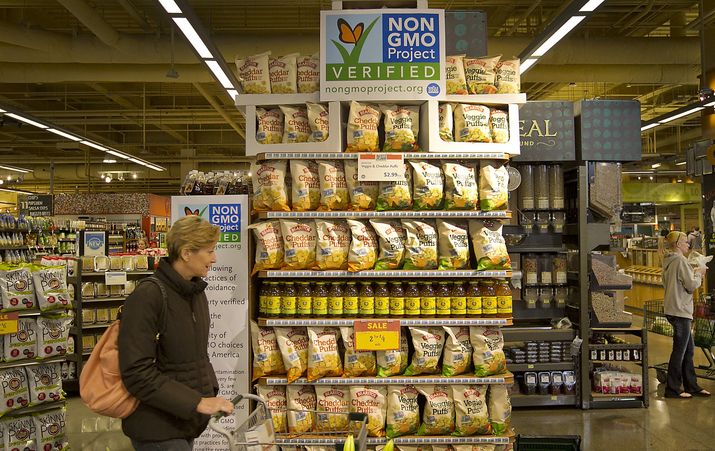 Ralph BarreraA display announces products made with non-GMO ingredients at Whole Foods Market at Sixth Street and Lamar Boulevard in Austin