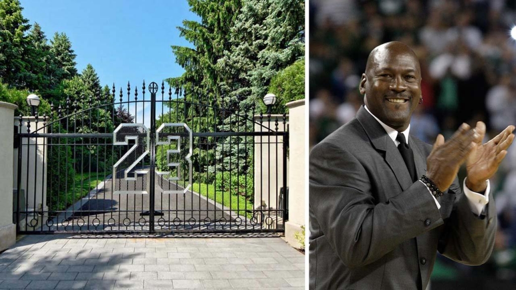 Left The gate outside of Michael Jordans Highland Park home. Right Michael Jordan applauds at the NCAA Final Four basketball championship in April 2009