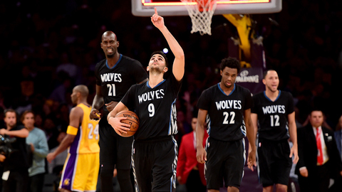 Ricky Rubio of the Minnesota Timberwolves reacts to a 112-111 win over the Los Angeles Lakers at Staples Center