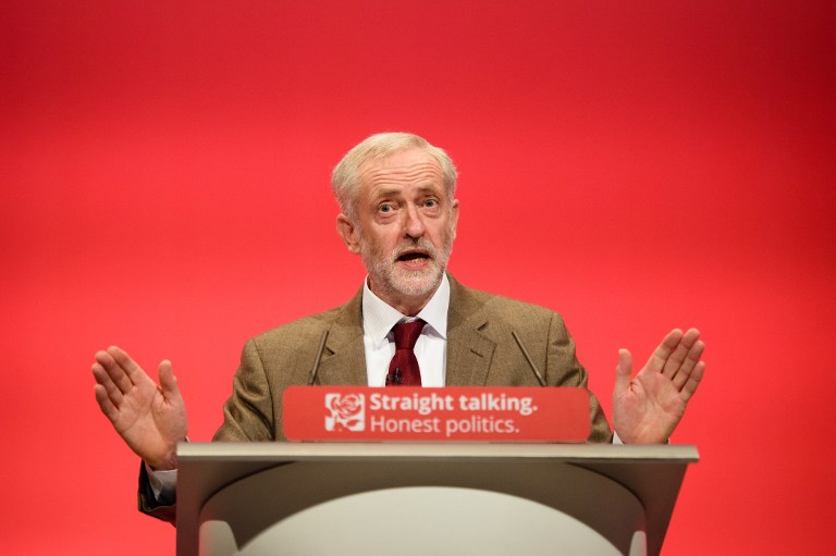 Britain's Labour Party Leader Jeremy Corbyn speaking at the annual Labour Party Conference in Brighton south east England