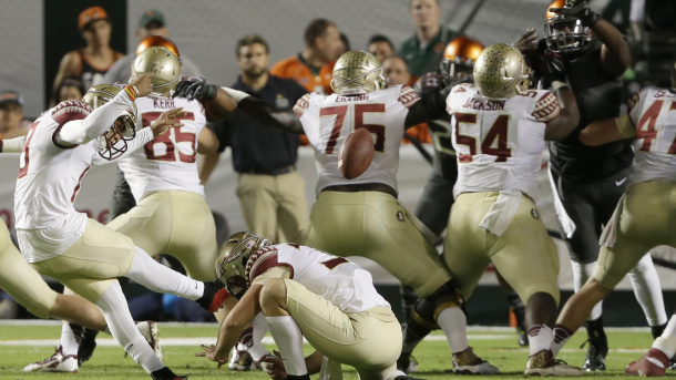 Roberto Aguayo shown here making a field against Miami in last year's game said his Twitter account blows up when a kick is missed in the NFL