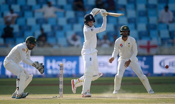 Root plays a shot during Dubai Test against Pakistan