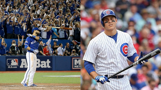 Blue Jays outfielder Jose Bautista left and Chicago Cubs infielder Anthony Rizzo right are headed to the ALCS and NLCS respectively this weekend