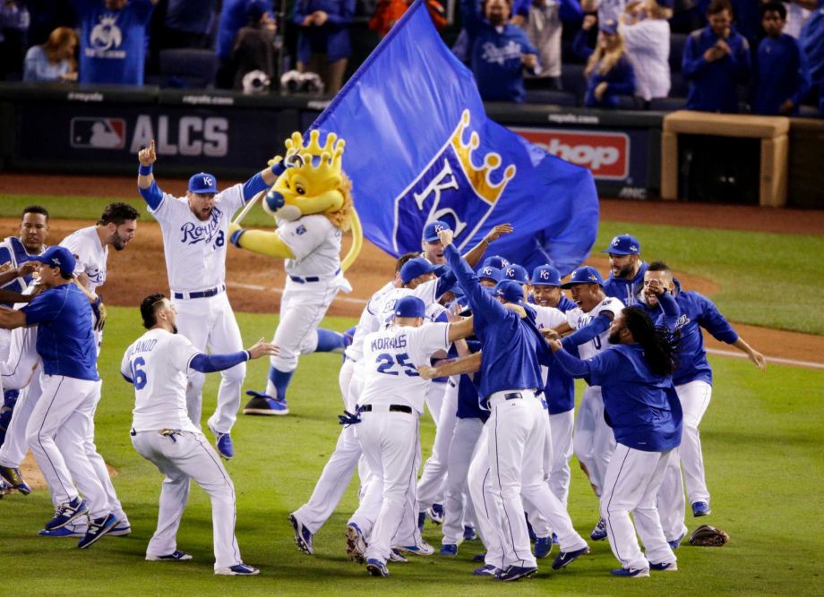 Kansas City Royals celebrates their 4-3 win against the Toronto Blue Jays in Game 6 of baseball's American League Championship Series on Friday Oct. 23 2015 in Kansas City Mo