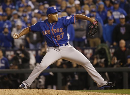 New York Mets pitcher Jeurys Familia throws during the eighth inning of Game 1 of the Major League Baseball World Series against the Kansas City Royals Tuesday Oct. 27 2015 in Kansas City Mo